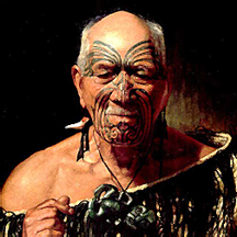 The medicine mans wrinkled face was decorated with swirling, black tattoos.